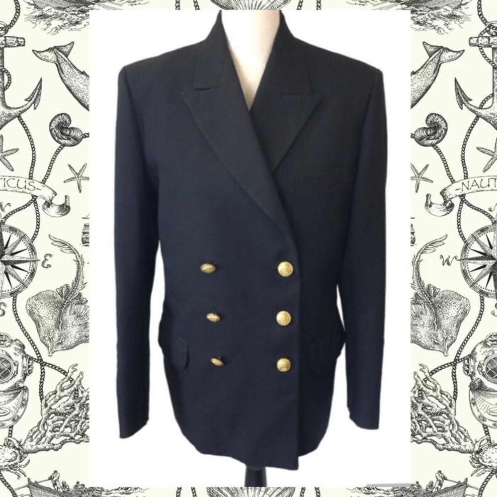 Vintage 70s Hepworths Double Breasted Nautical Jacket Black Gold Buttons L